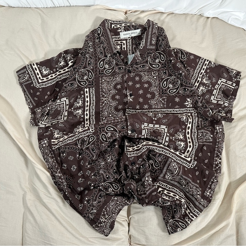 Maison Article Mens Brown Paisley Short Sleeve Resort Shirt  XXL